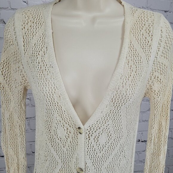 Free People Beige Crochet Sheer Buttoned Long Sleeve Cardigan Sweater Small S - Picture 9 of 15